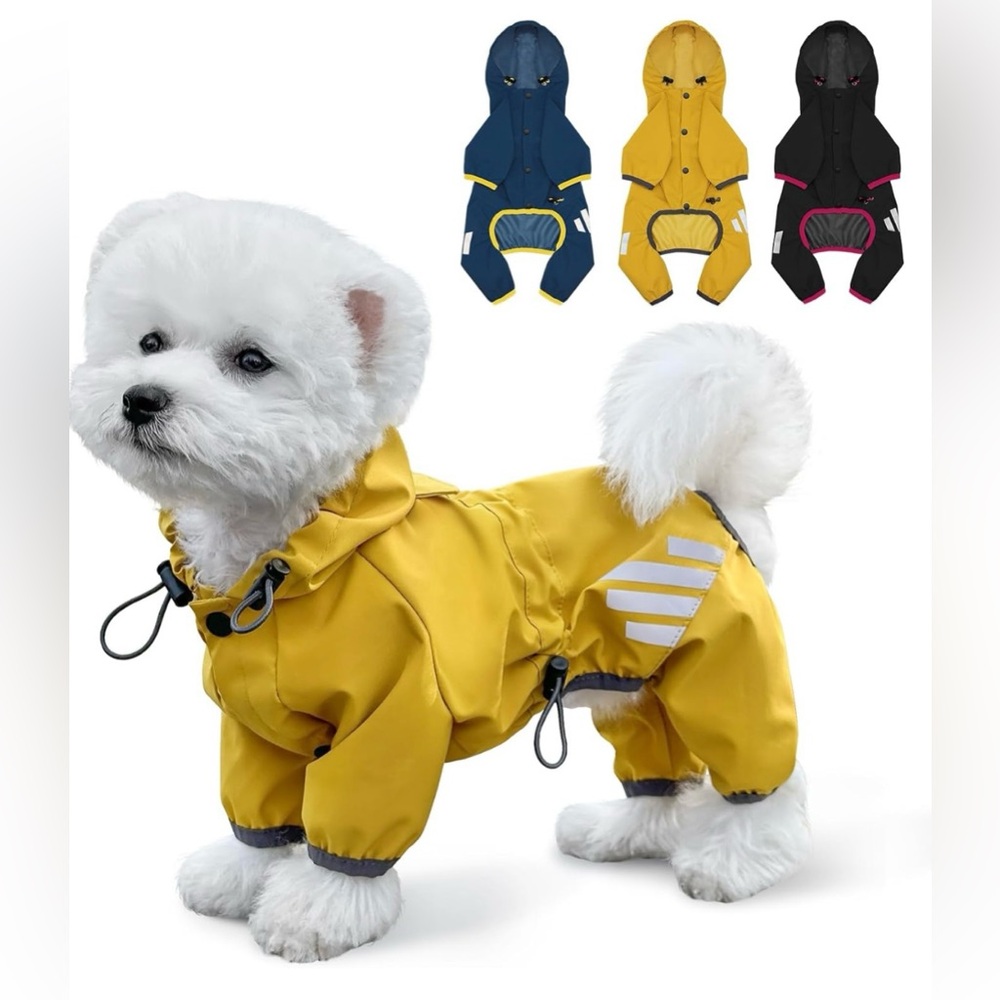 NEW Waterproof Dog Rain Jacket w/ Hood, Leash Hole,‎ Reflective Strap /Medium